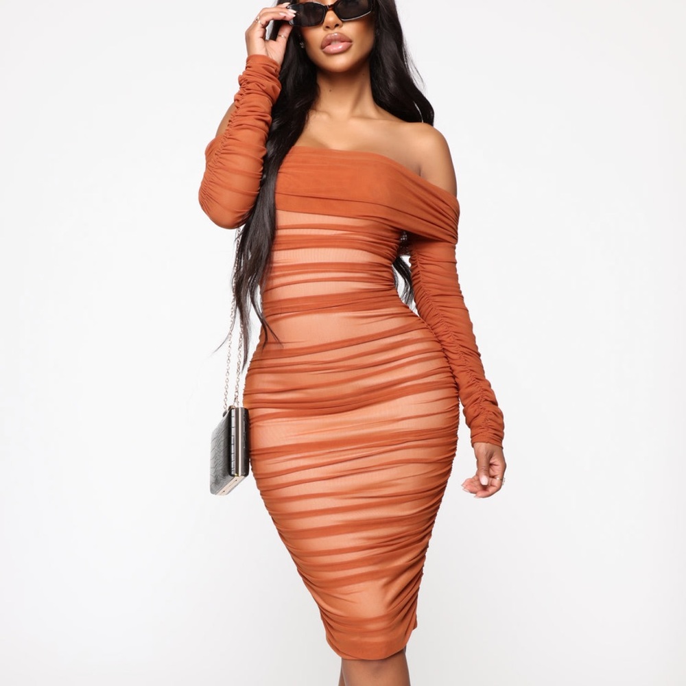 Copper off the shoulder dress